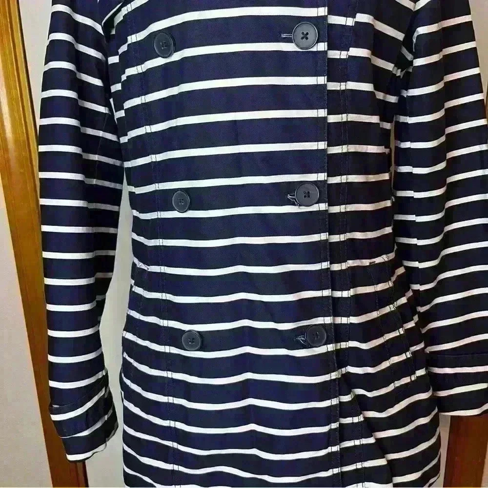 Gap Long Jacket Button Up Coat Women Medium Blue White Stripe Cotton Preppy - Picture 5 of 11